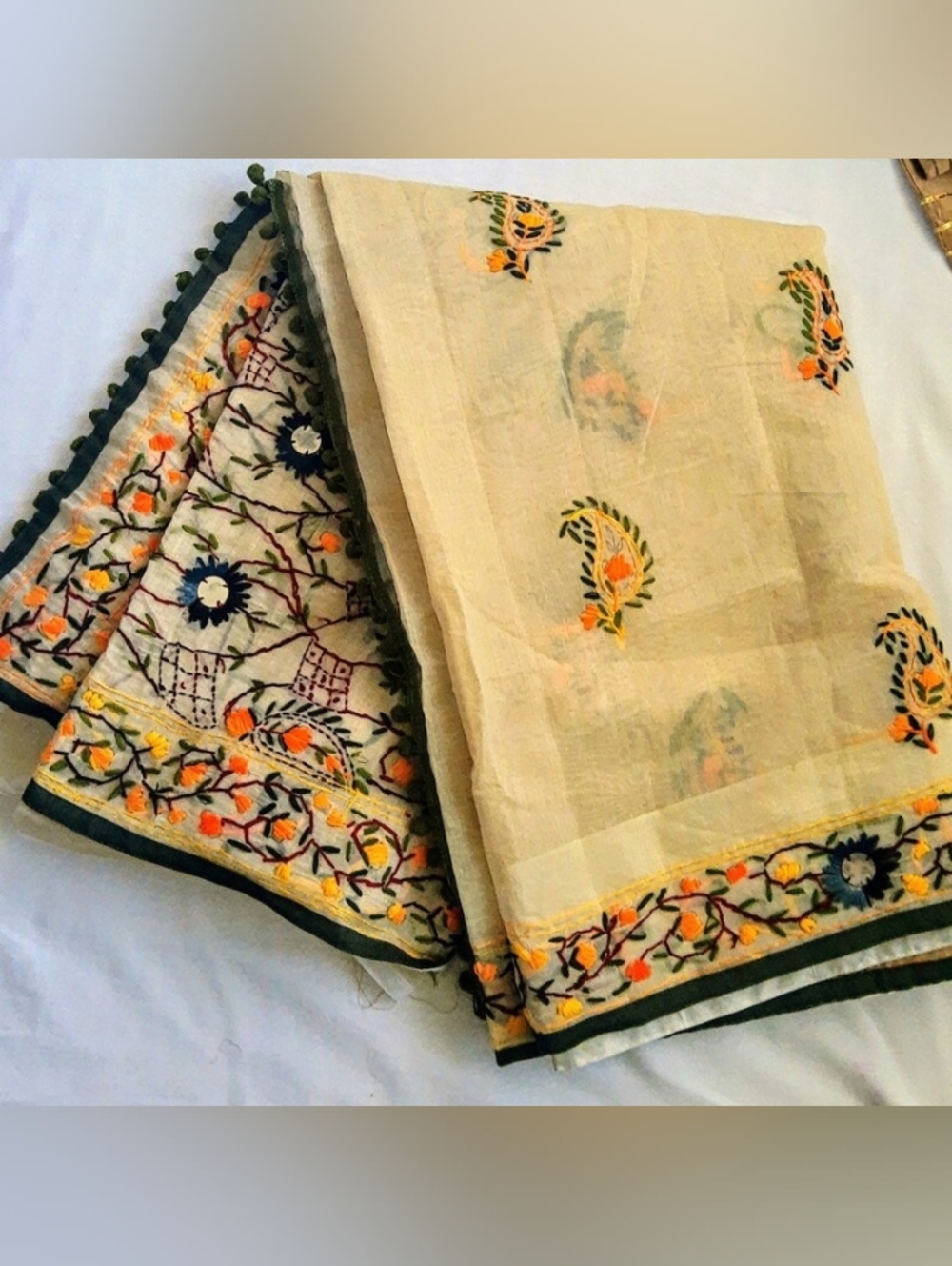 Embroidered Phulkari  Beige Cotton Saree with Multicolor Floral Border